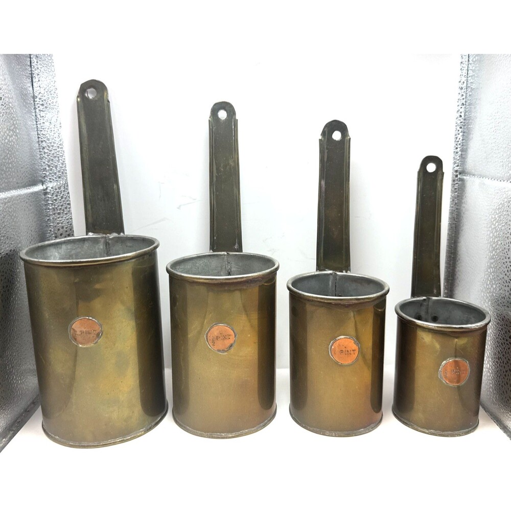 Vintage Copper and Brass Nesting Measuring Stackable Hanging Cups Ladle Quarts